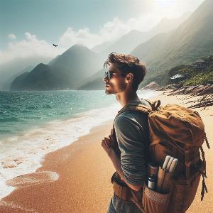 male backpacker at the beach on a hot summer day-2